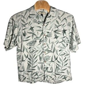 Tommy Bahama Silk Shirt Mens Large Green Tropical Leaf Jacquard Camp Button Down